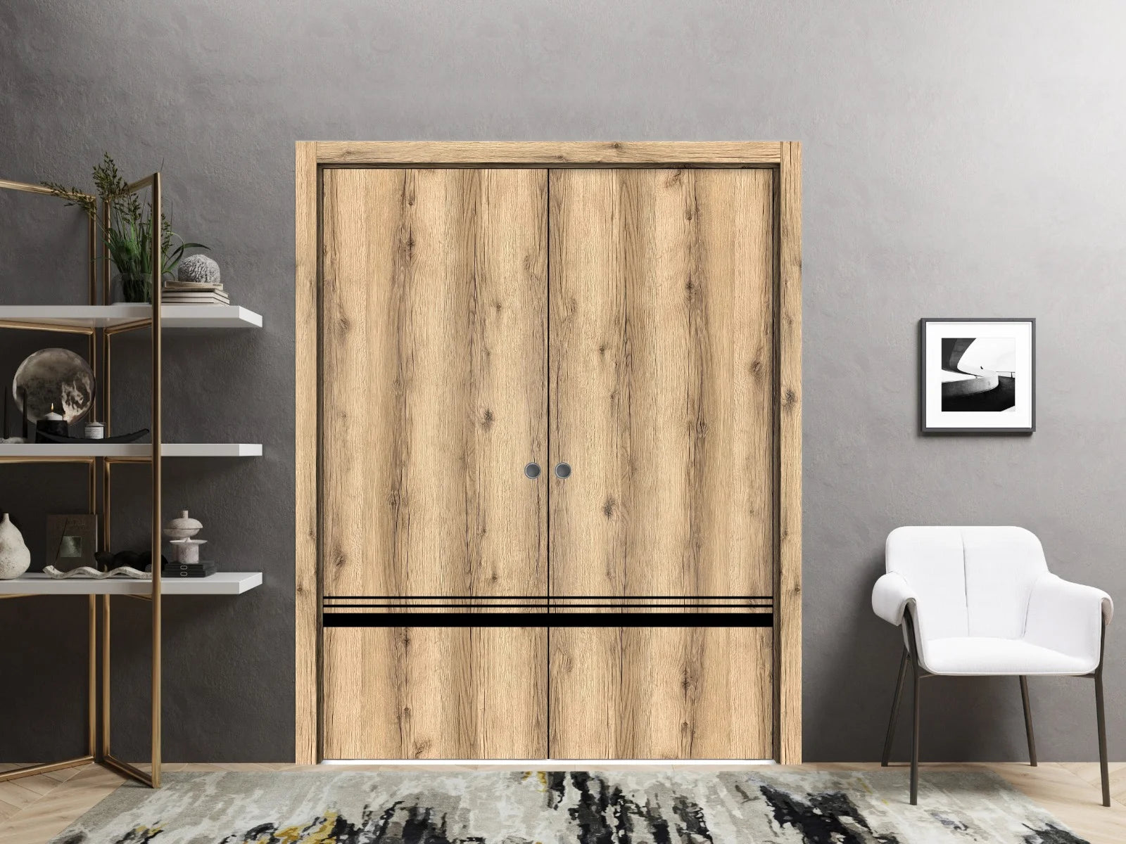 Oak Sliding French Double Pocket Doors with Frosted Glass B93261