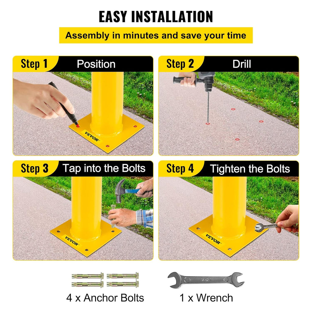 Yellow Powder Coat Steel Safety Barrier Bollard with 4 Anchor Bolts A211