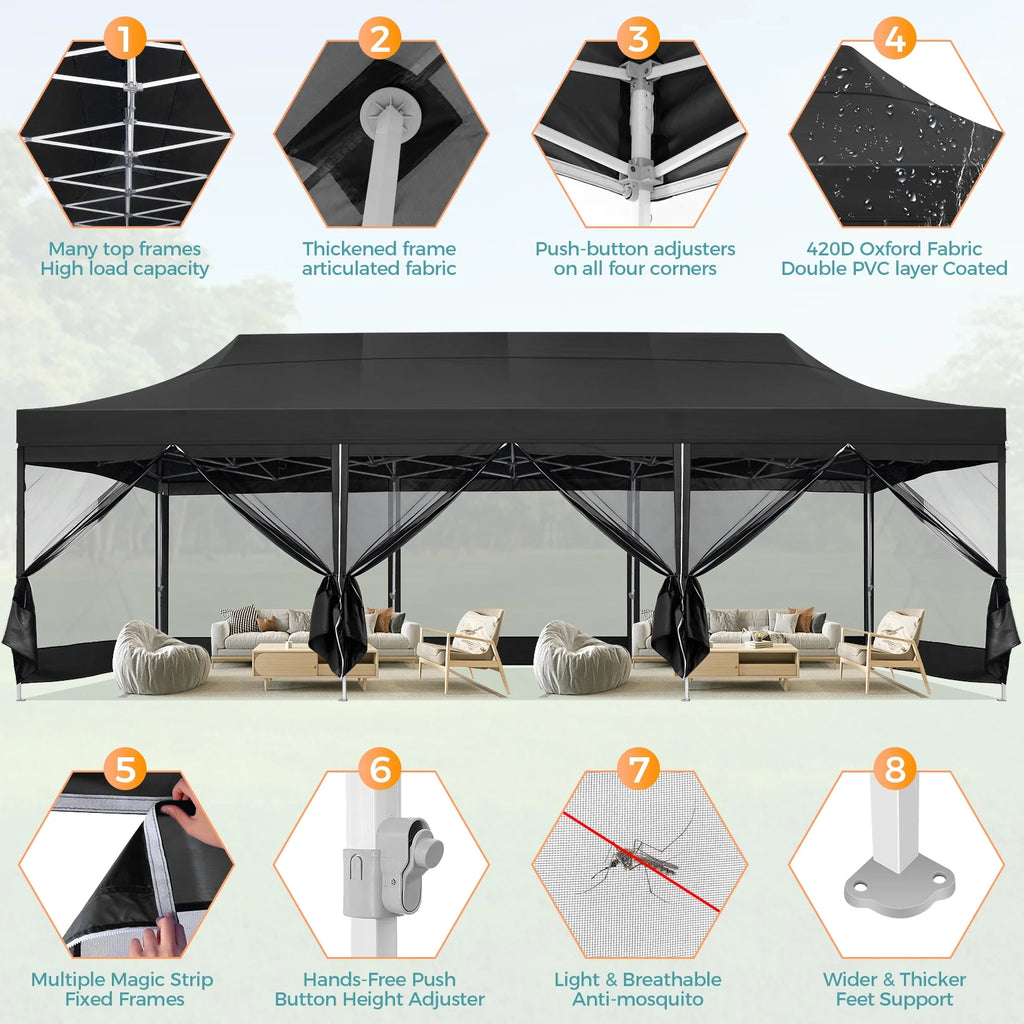 10x30 FT Pop Up Canopy with Removable 8 Piece Mesh Sidewalls, Black P100030