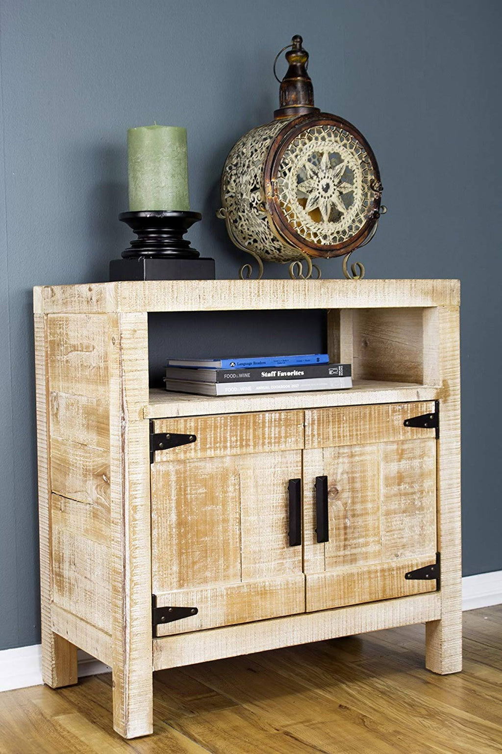 Distressed Wood Accent Cabinet with Open Shelf 2 Doors Iron Handles O522