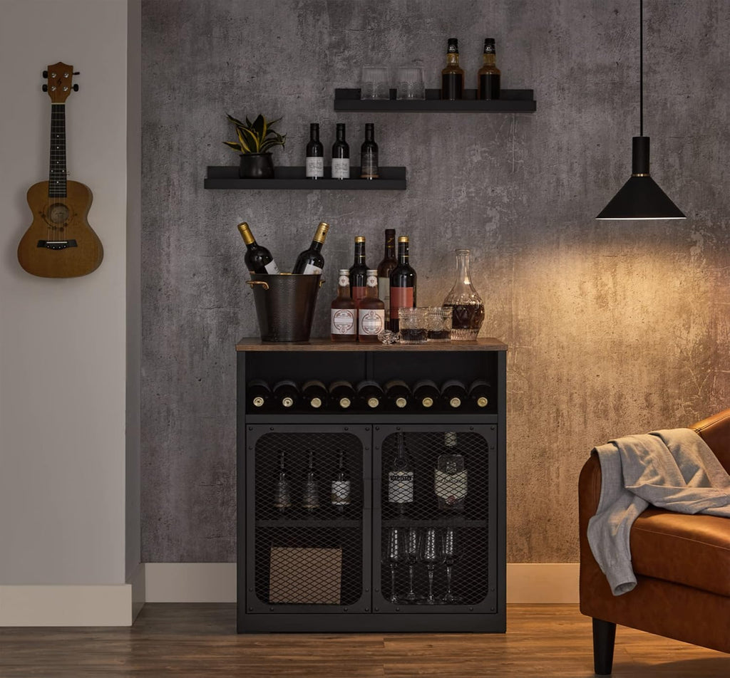 Rustic Brown and Black Storage Cabinet with Mesh Doors and Adjustable Shelf H506