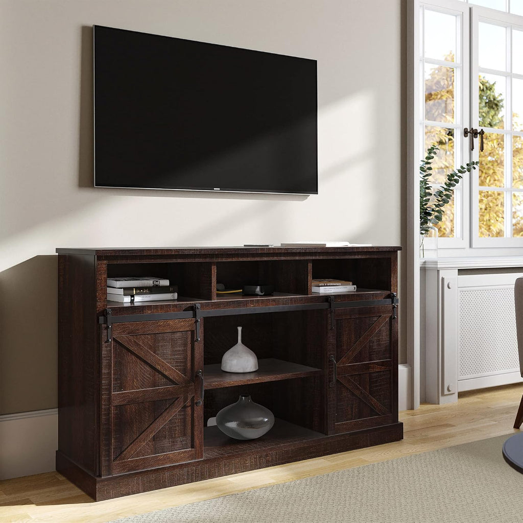 Modern Farmhouse TV Stand with Sliding Barn Door and Storage Cabinets O312719