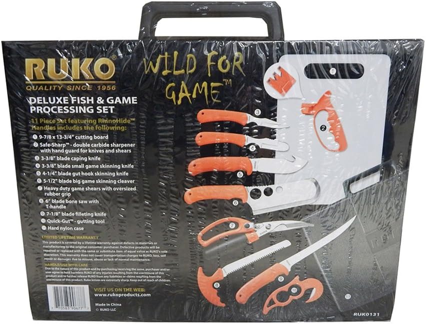 11 Piece Game Processing Set with Orange Handles and Cutting Board R47811