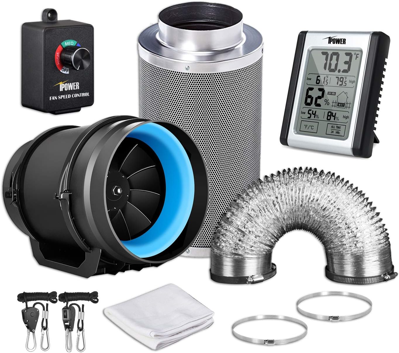 8 Inch 500 CFM Inline Fan with Speed Controller Carbon Filter 25 Feet Ducting Temperature Humidity Monitor E55632