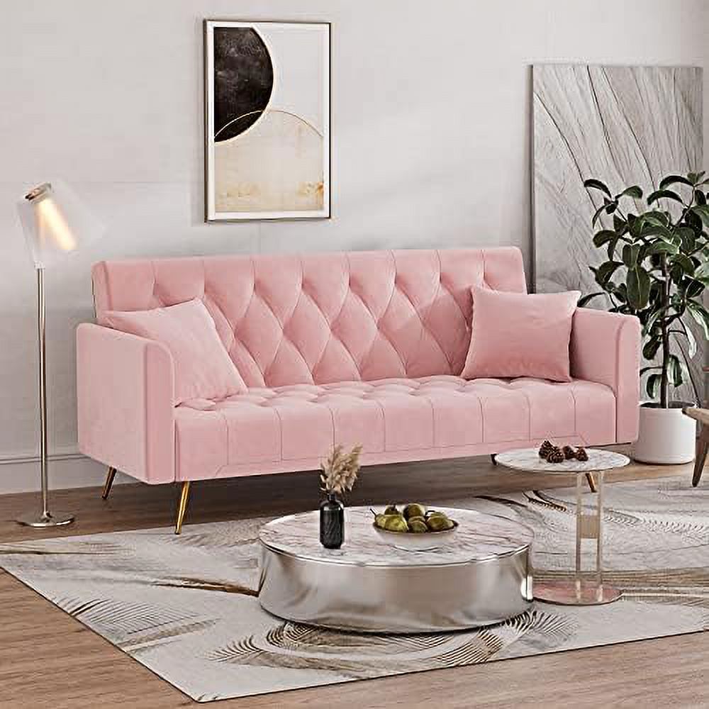 Blue Velvet Futon Sofa Bed with 2 Pillows L86805