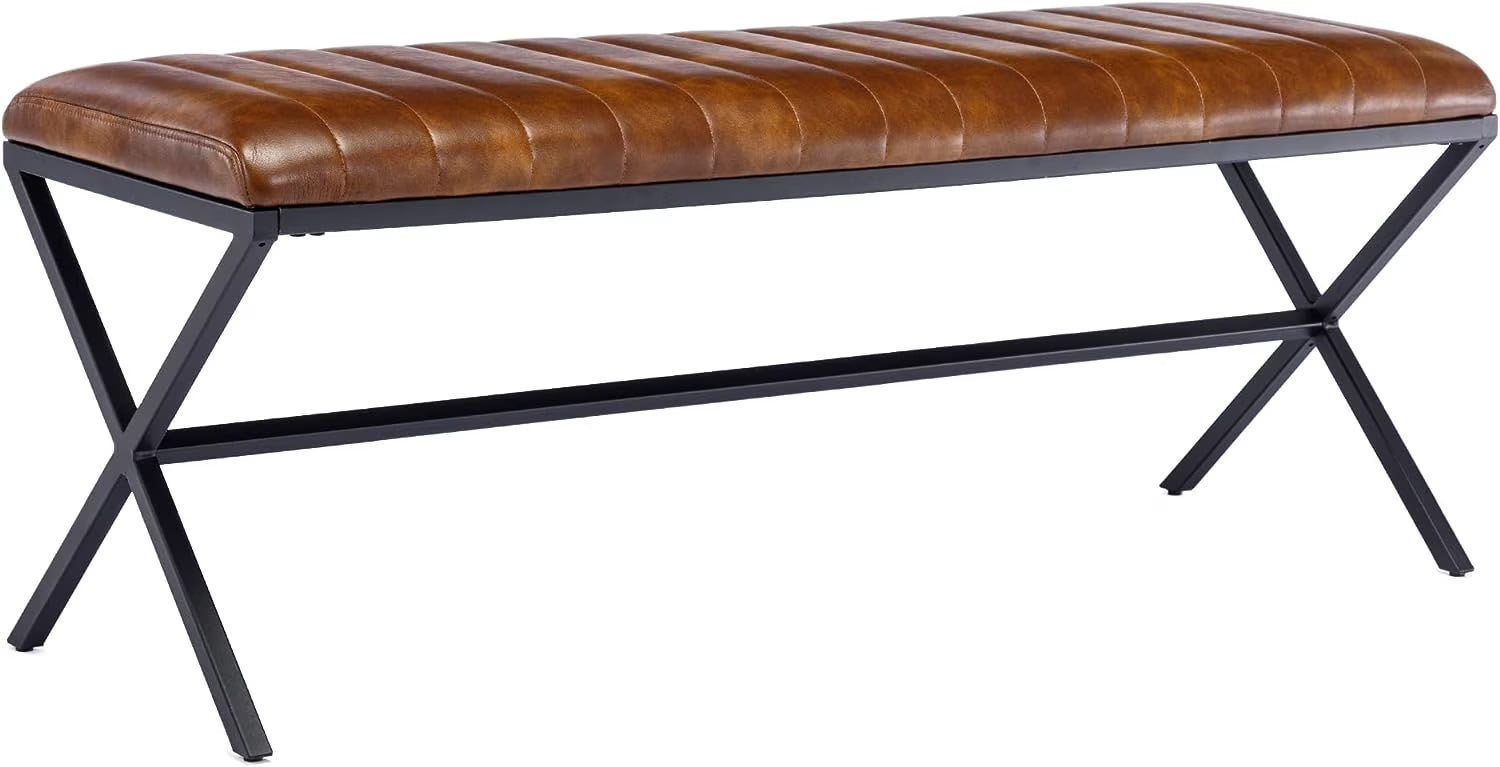Faux Leather Upholstered Bench with Metal X Legs Q66579