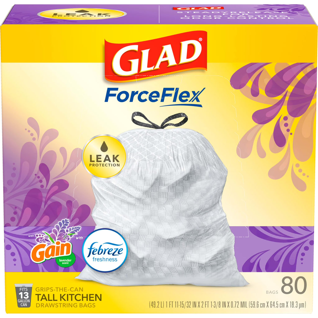 Glad ForceFlex Tall Kitchen Trash Bags, 13 Gallon, Lavender, 80 Count G343