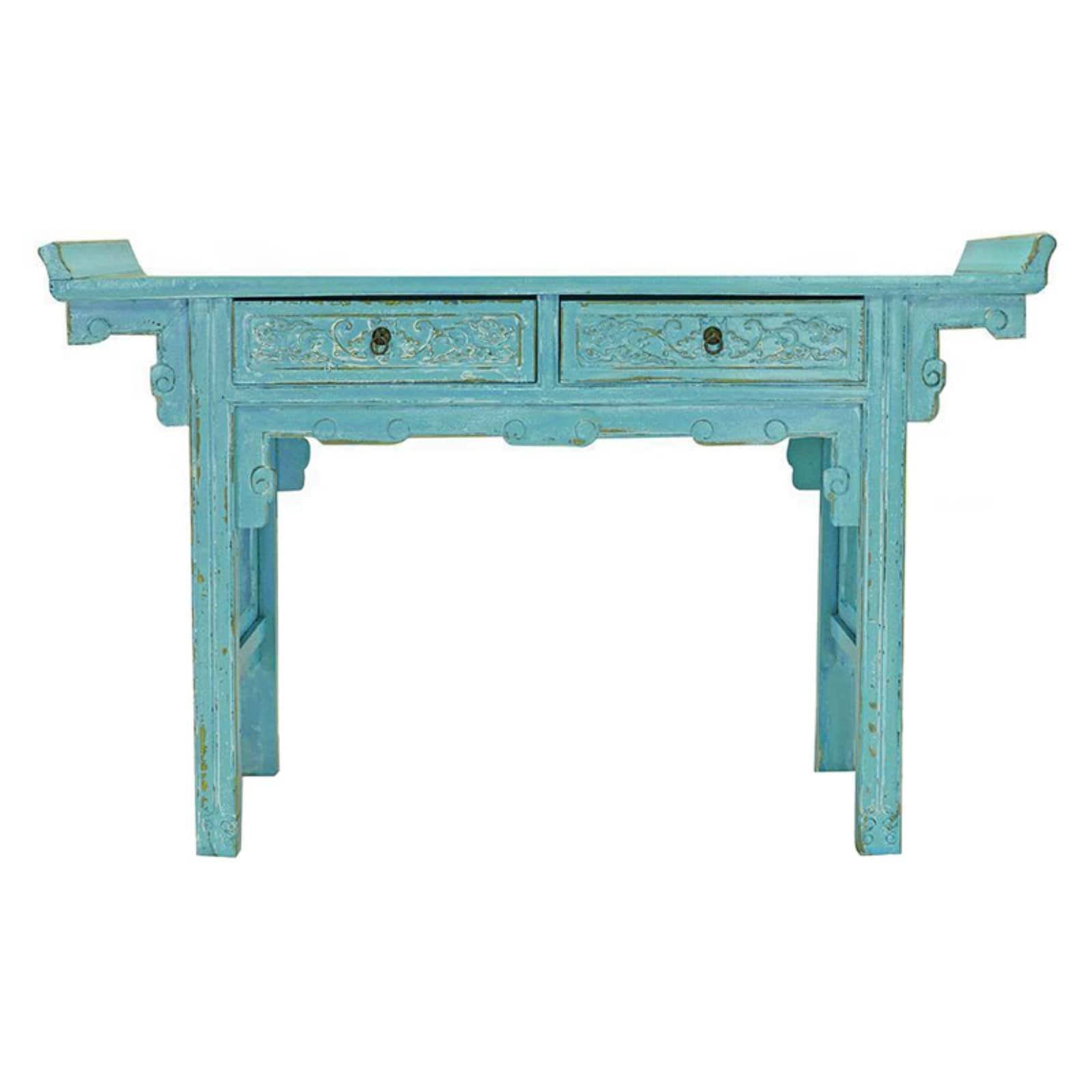 Blue Hand Carved Wood Table U736