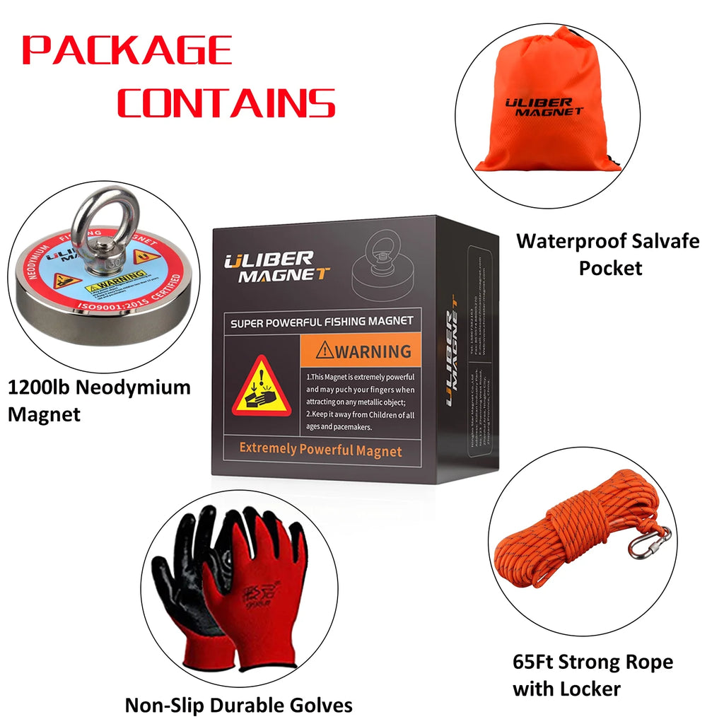 Magnet Fishing Kit 1200LB Dia.3.81in Neodymium Magnet N52 with 20 Meters Rope J155