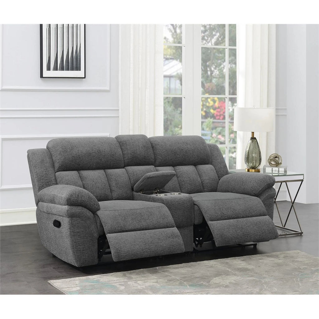 Charcoal Upholstered Motion Loveseat Console P4097