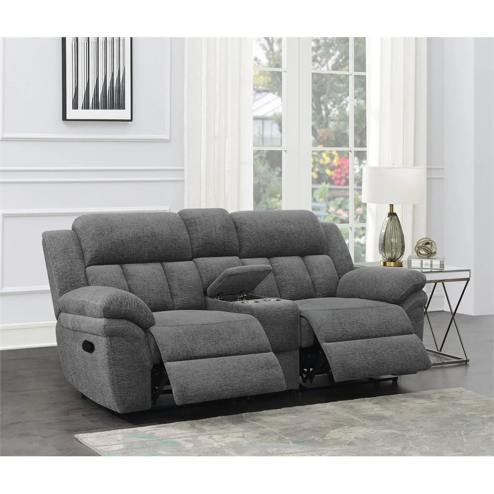 Charcoal Upholstered Motion Loveseat Console P4097