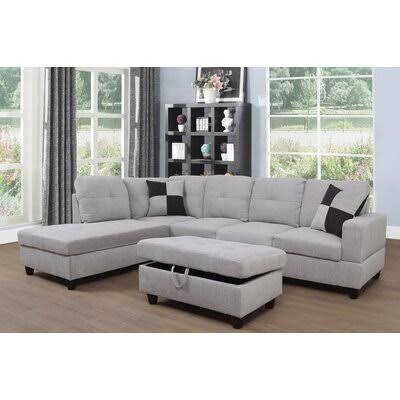 Light Gray Linen Left Hand Facing Sectional with Ottoman N913