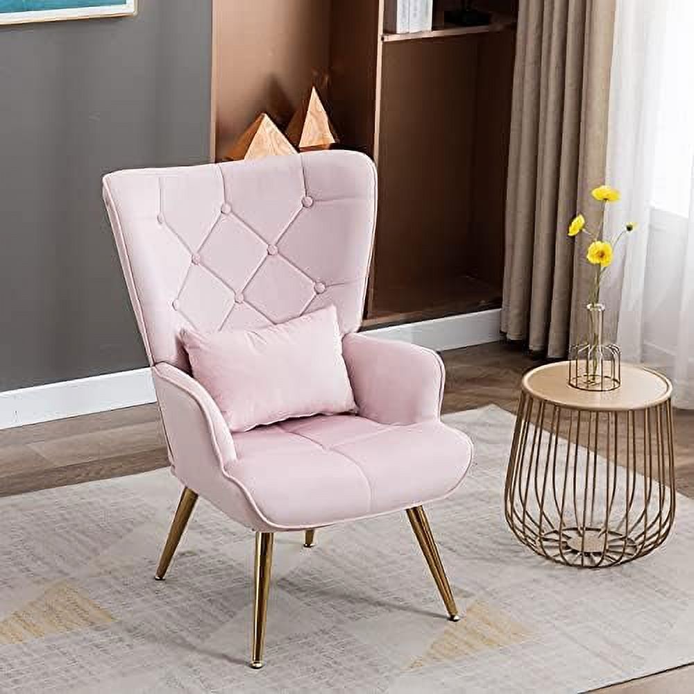 Velvet Buttoned Accent Arm Lounge Chair with Golden Plated Metal Legs & Pillow High Wingback Club Chair B1813