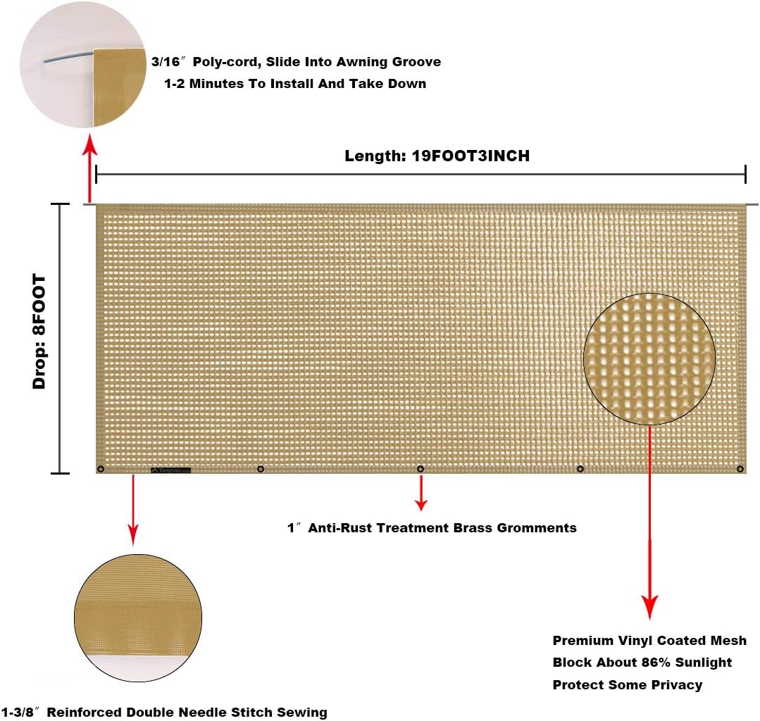Beige Mesh RV Awning Sun Shade Screen 8' X 19'3'' J93686