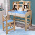 Blue/White Wooden Student Desk and Chair Set with Drawers and Bookshelves Y644853