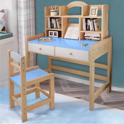 Blue/White Wooden Student Desk and Chair Set with Drawers and Bookshelves Y644853