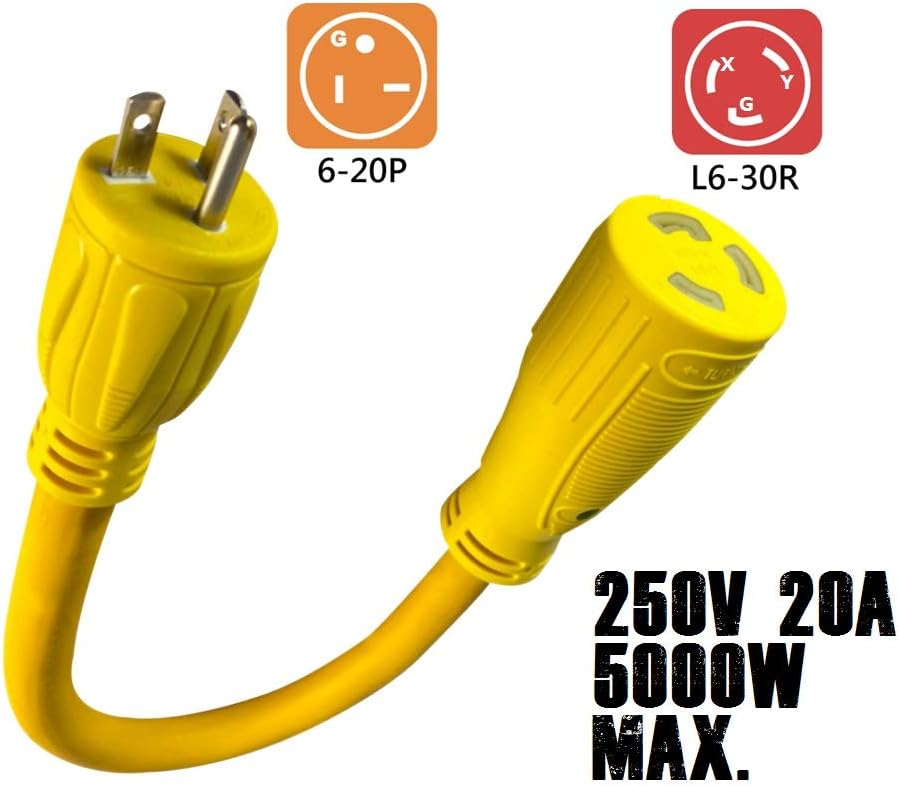 Generator Cord Adapter 250V 20A NEMA 6-20P Male to 250V 30A NEMA L6-30R Locking Female 1.5ft Pack of 2 Z747