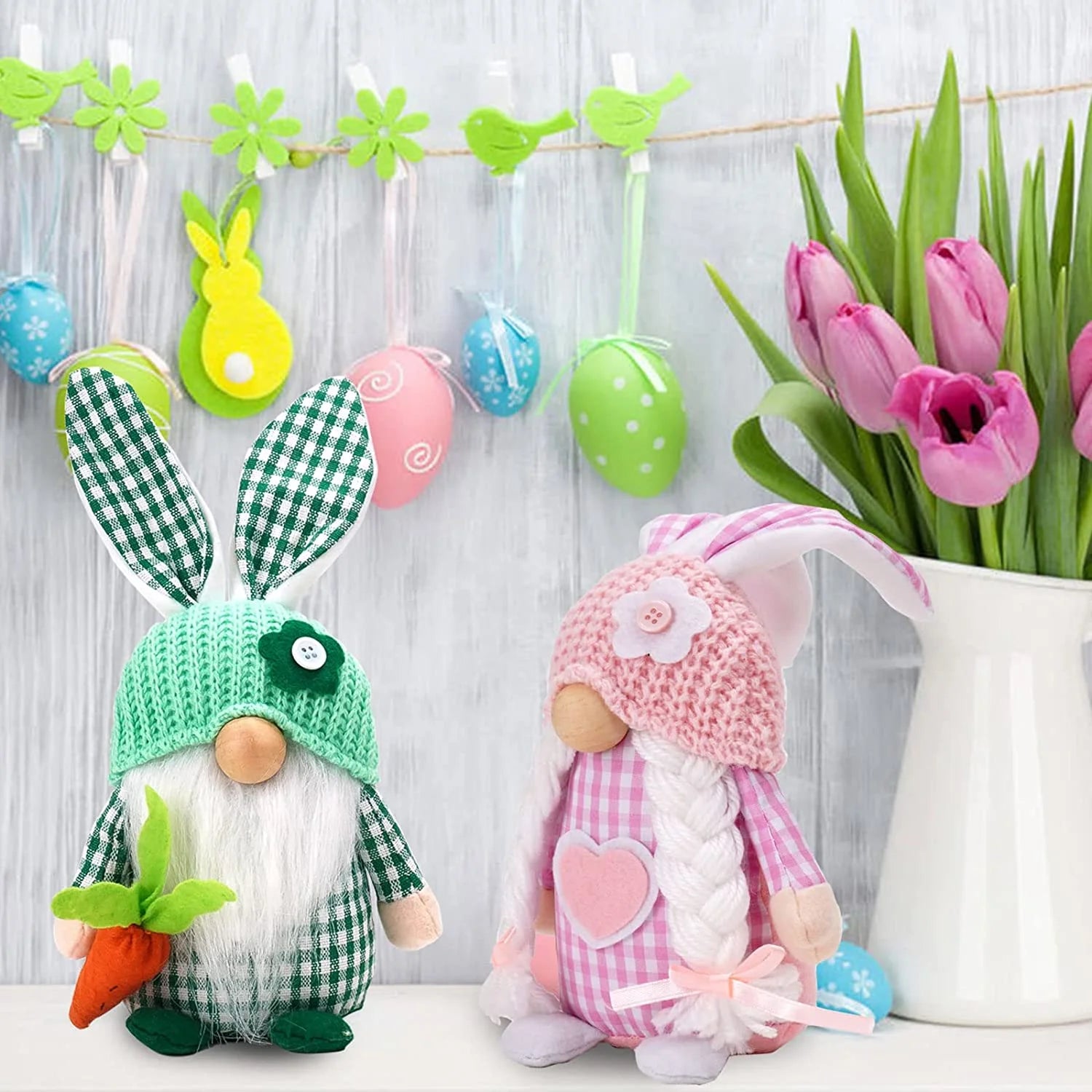 Easter Gnomes Decorations, 2 Pack Bunny Tiered Tray Plush Gnome Decor T8107