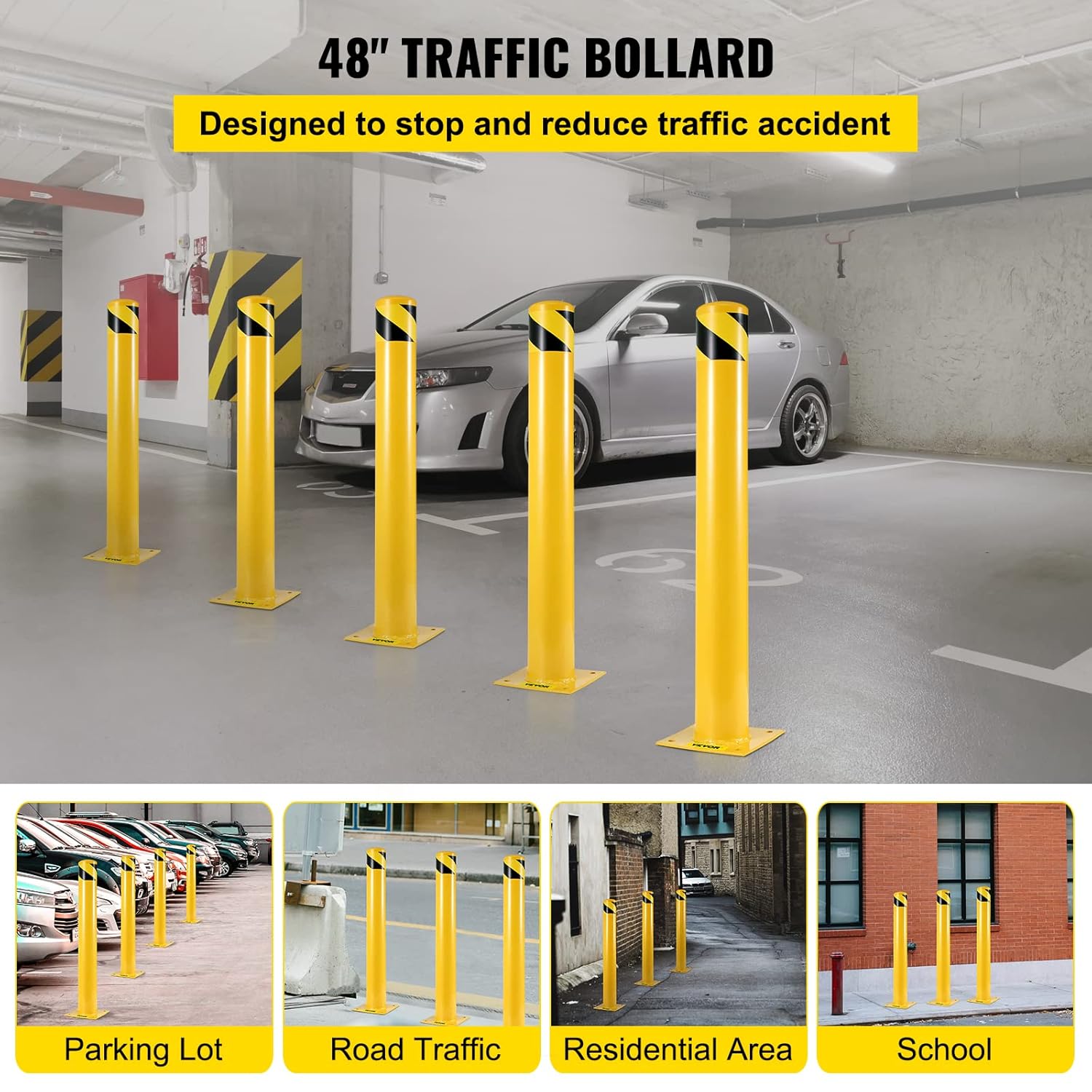 Yellow Powder Coat Steel Safety Barrier Bollard with 4 Anchor Bolts A211