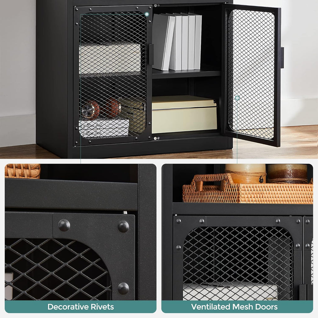 Rustic Brown and Black Storage Cabinet with Mesh Doors and Adjustable Shelf H506