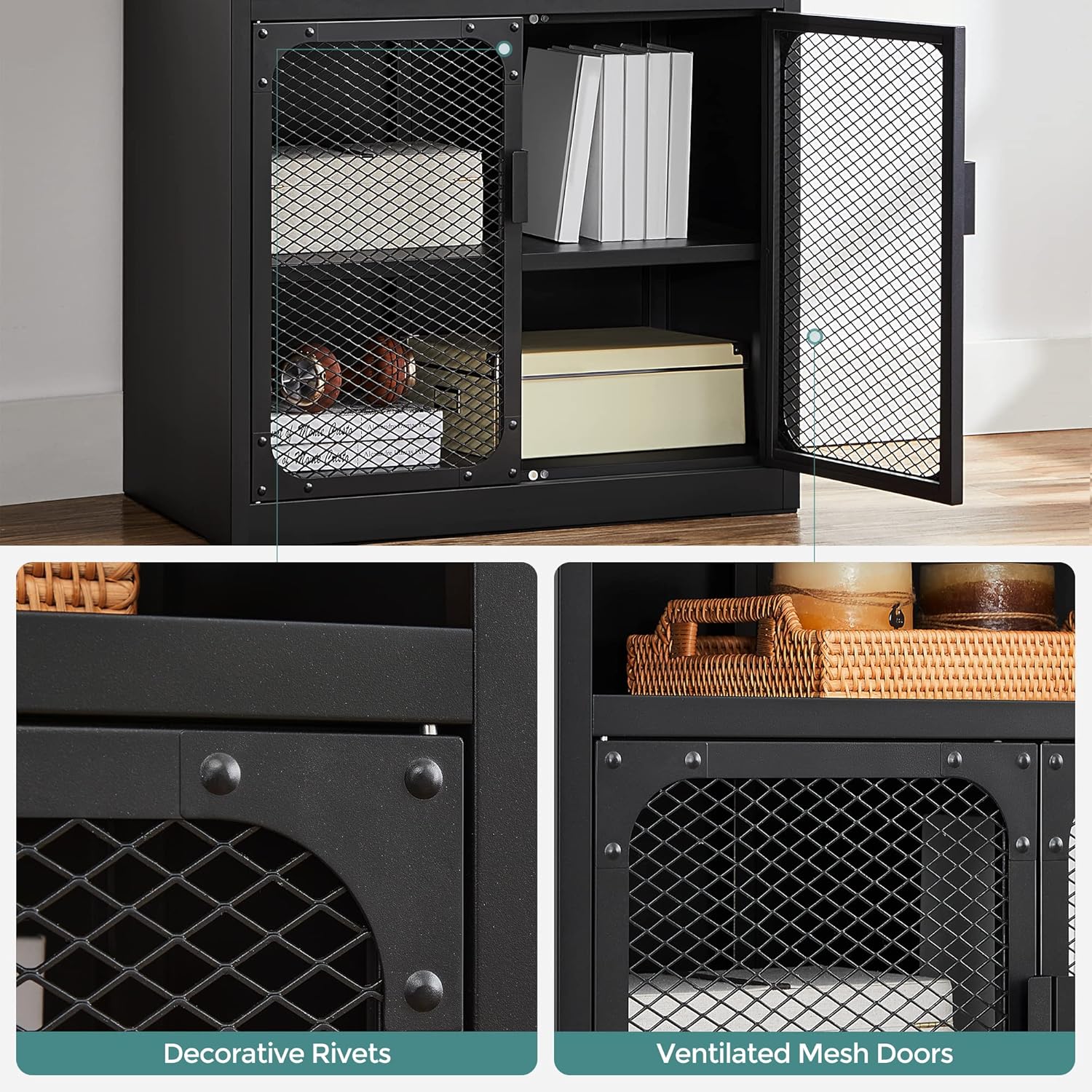 Rustic Brown and Black Storage Cabinet with Mesh Doors and Adjustable Shelf H506