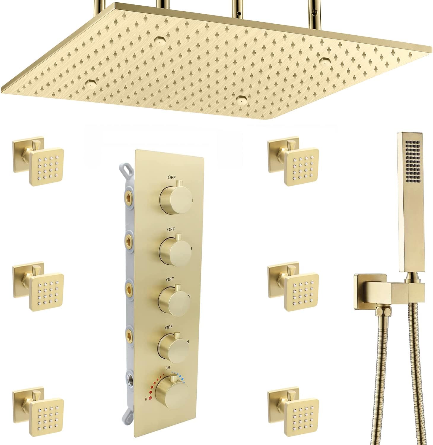 Brushed Gold Thermostatic Rain Shower Head System with Body Spray and Handheld Combo Set K82828
