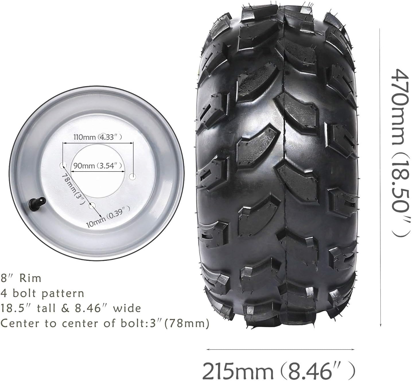 2Pcs 19x7-8 Front and 2Pcs 18X9.5-8 Rear Tubeless Wheel Tire With Rim V9545