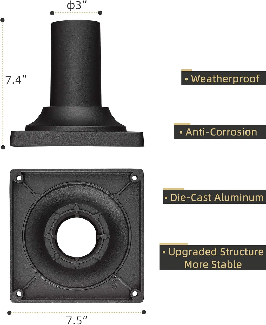 Black Cast Aluminum Post Light Mount Base Adapter, Pack of 2 I2325