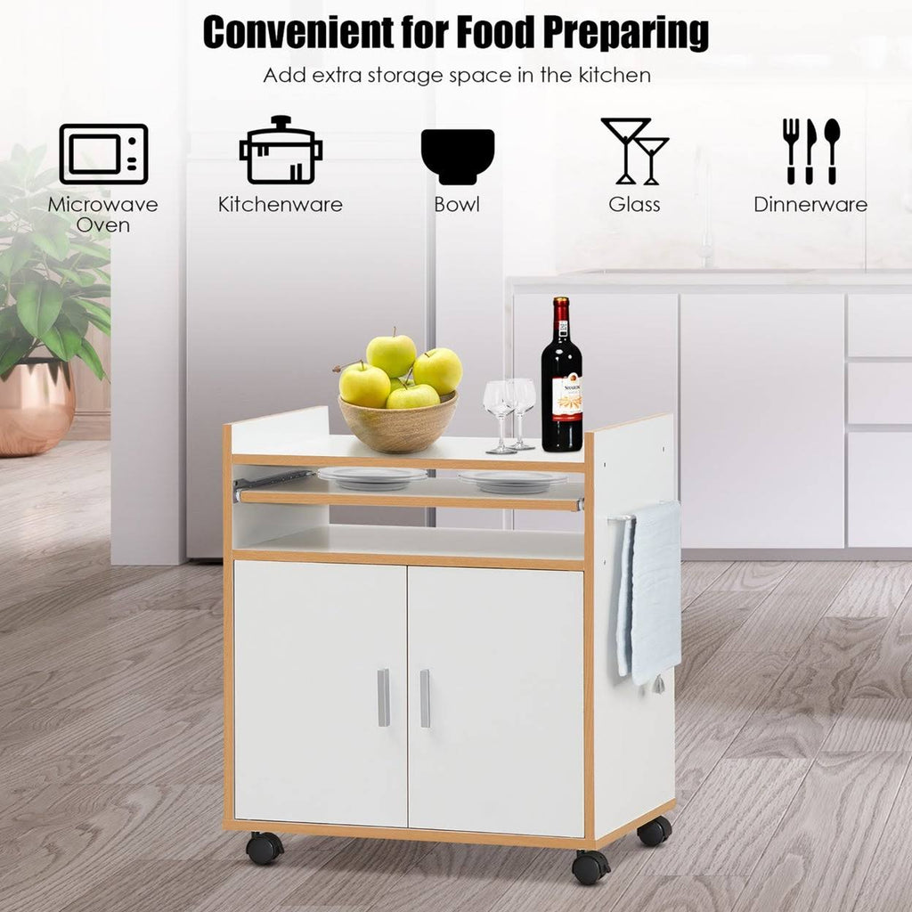 White Rolling Kitchen Trolley Microwave Cart Storage Cabinet with Removable Shelf H2954