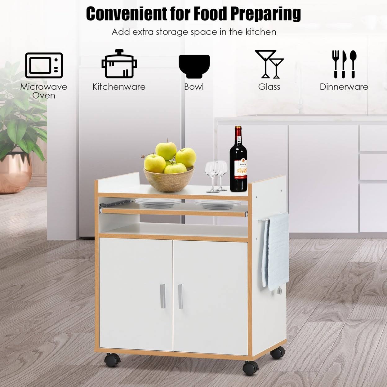 White Rolling Kitchen Trolley Microwave Cart Storage Cabinet with Removable Shelf H2954