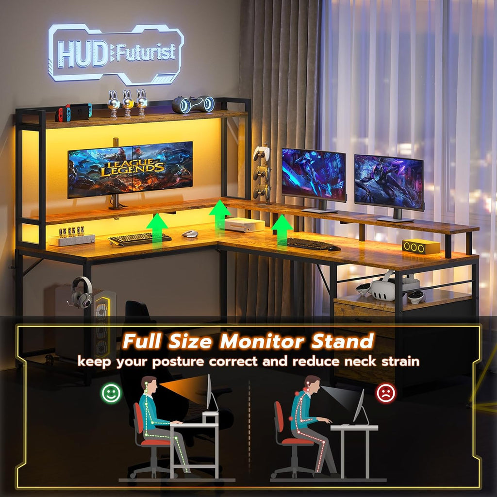 Brown L Shaped Desk with File Drawers and LED Lights A7877