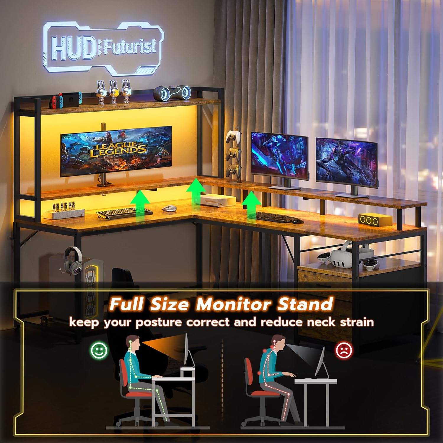 Brown L Shaped Desk with File Drawers and LED Lights A7877
