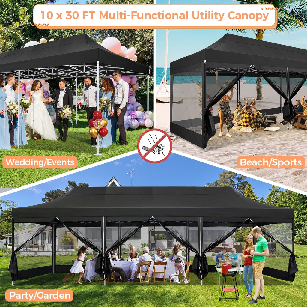 10x30 FT Pop Up Canopy with Removable 8 Piece Mesh Sidewalls, Black P100030