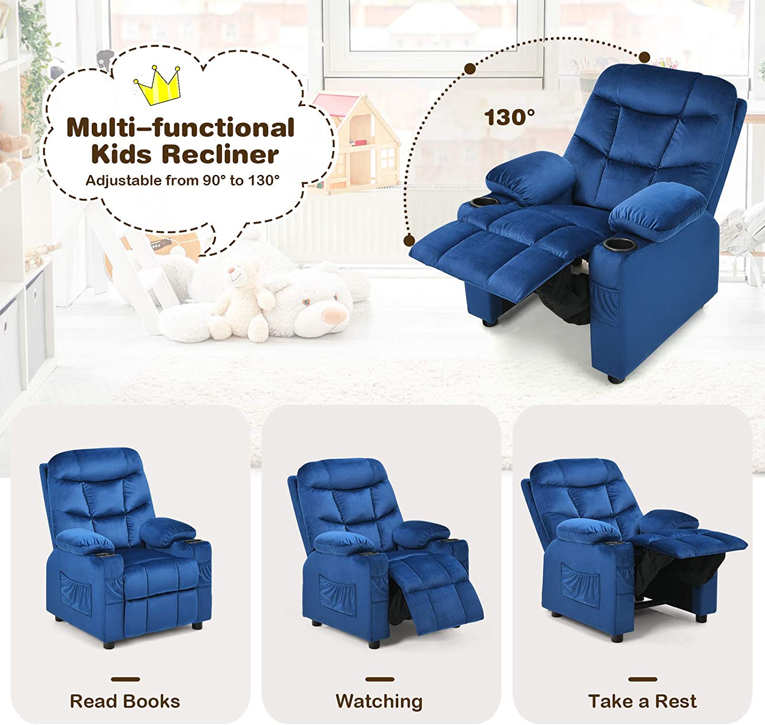 Rose Velvet Kids Recliner Chair with Cup Holder D45952