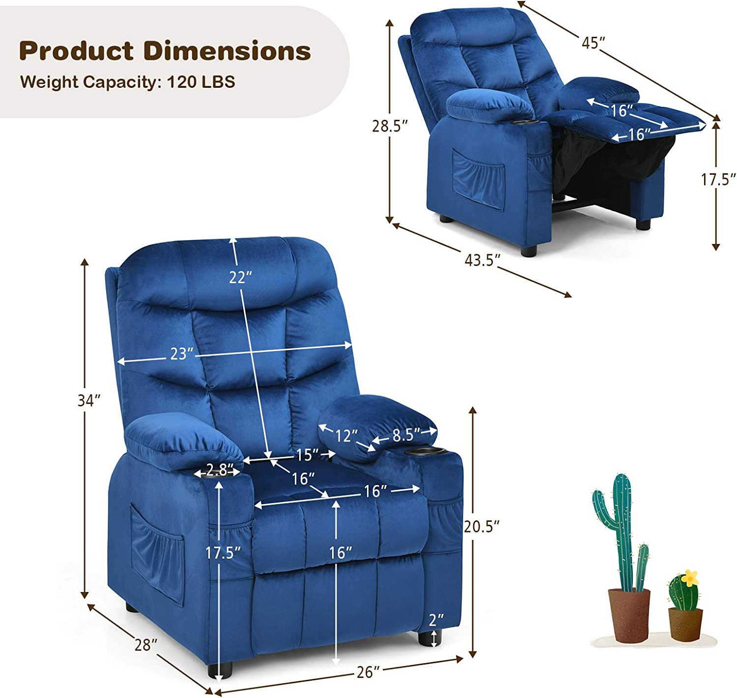 Rose Velvet Kids Recliner Chair with Cup Holder D45952