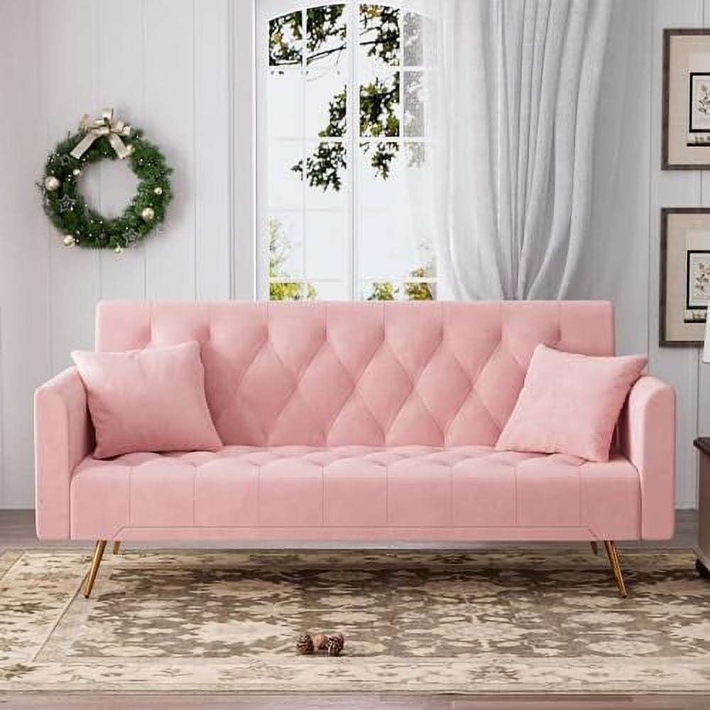 Blue Velvet Futon Sofa Bed with 2 Pillows L86805