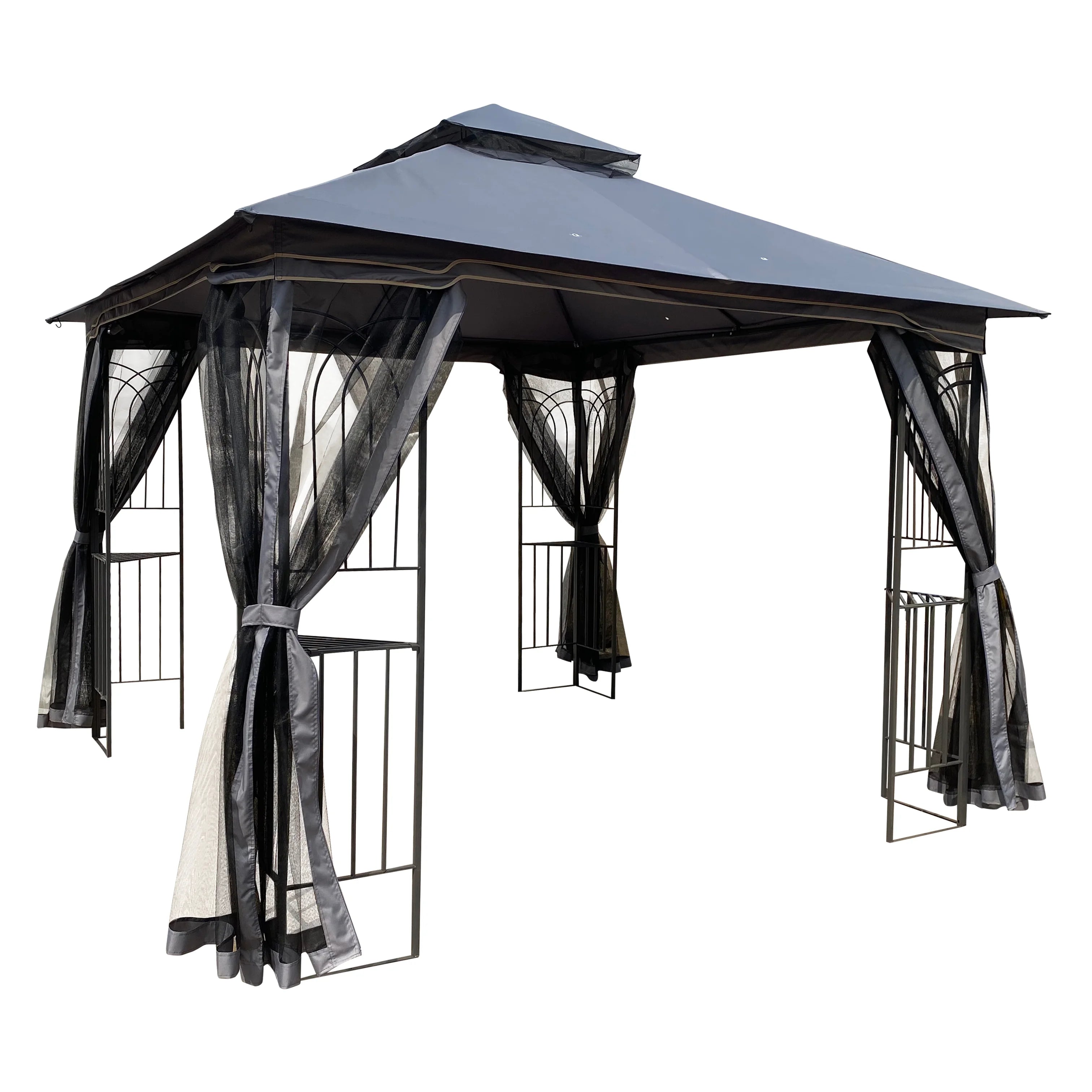 Gray Outdoor Patio Gazebo Canopy Shelter with Ventilated Double Roof and Mosquito Net C72906