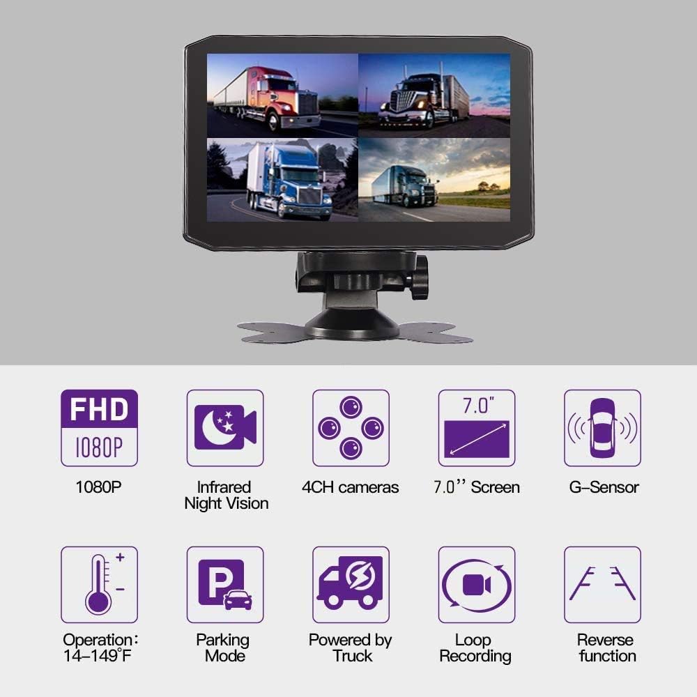 4CH Truck Dash Camera System DVR Recorder Waterproof Backup Camera Front&Sides&Rear VGA 7.0 Monitor Infrared Night Vision B48545