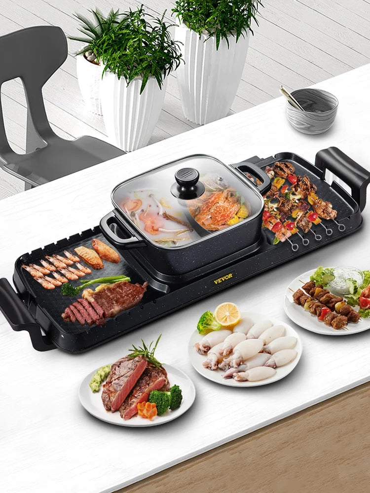 2in1 Electric BBQ Grill Hot Pot 2400W Smokeless Nonstick Detachable J39494