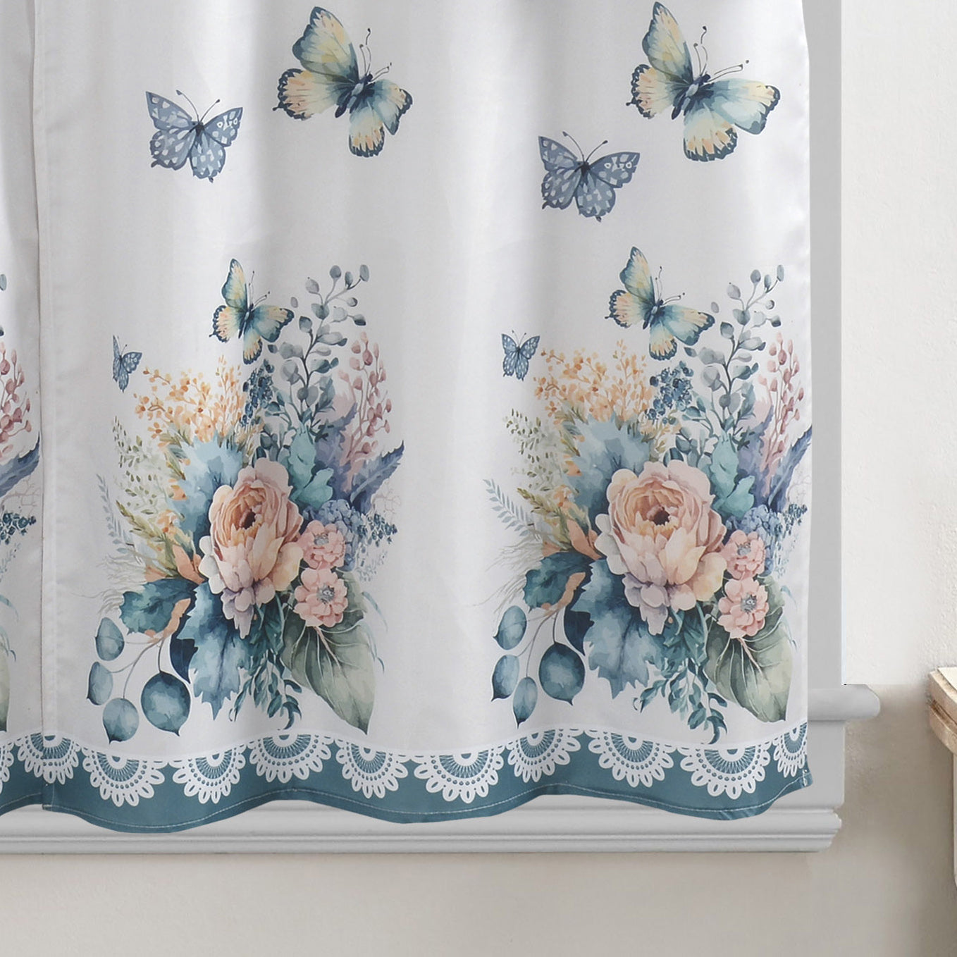 Turquoise Flower Printed 3-Piece Kitchen Curtain Tiers & Swag Set, 58x36 & 28x36 inches T79913