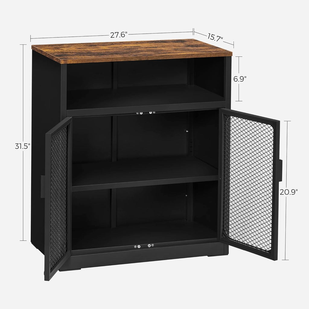 Rustic Brown and Black Storage Cabinet with Mesh Doors and Adjustable Shelf H506