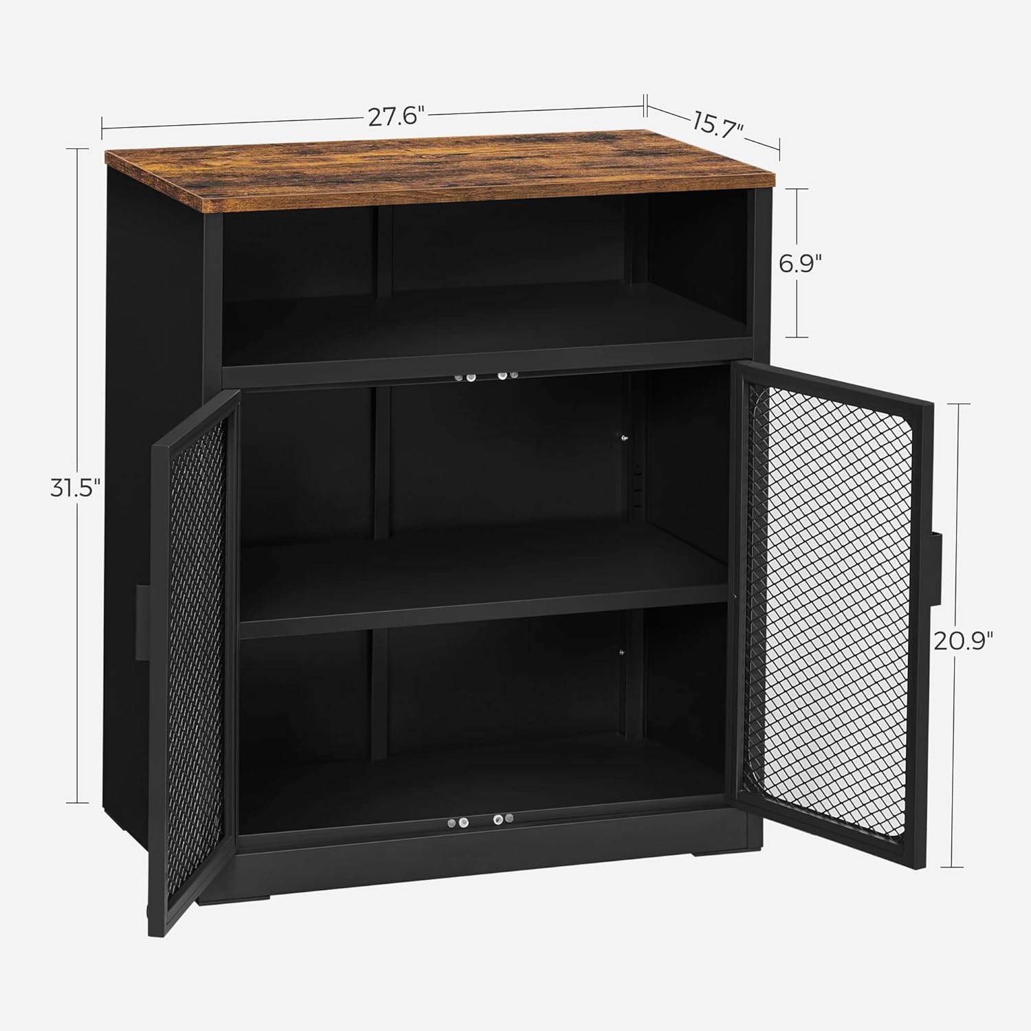 Rustic Brown and Black Storage Cabinet with Mesh Doors and Adjustable Shelf H506