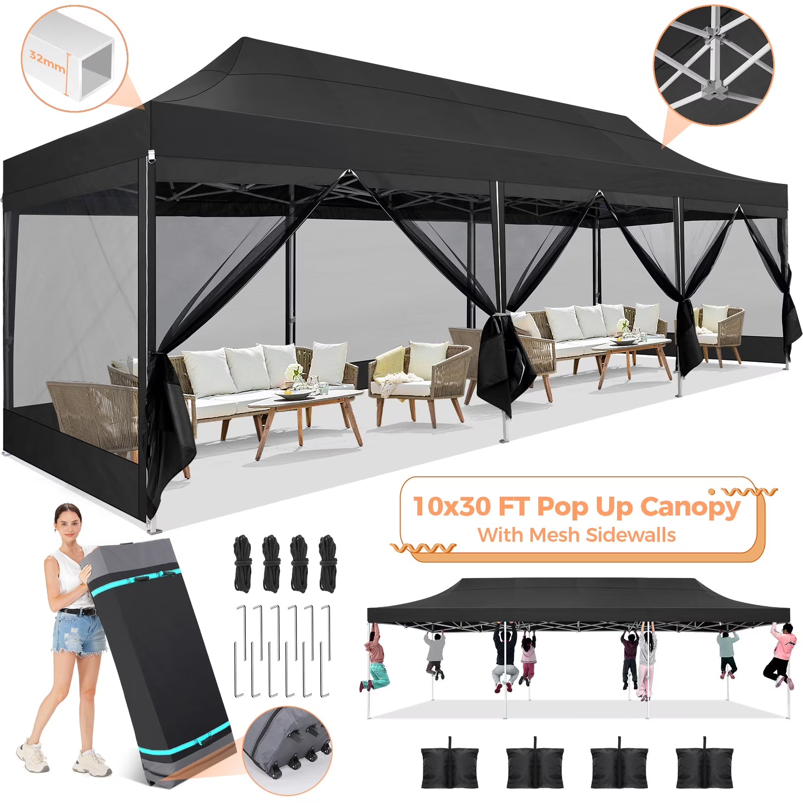 10x30 FT Pop Up Canopy with Removable 8 Piece Mesh Sidewalls, Black P100030