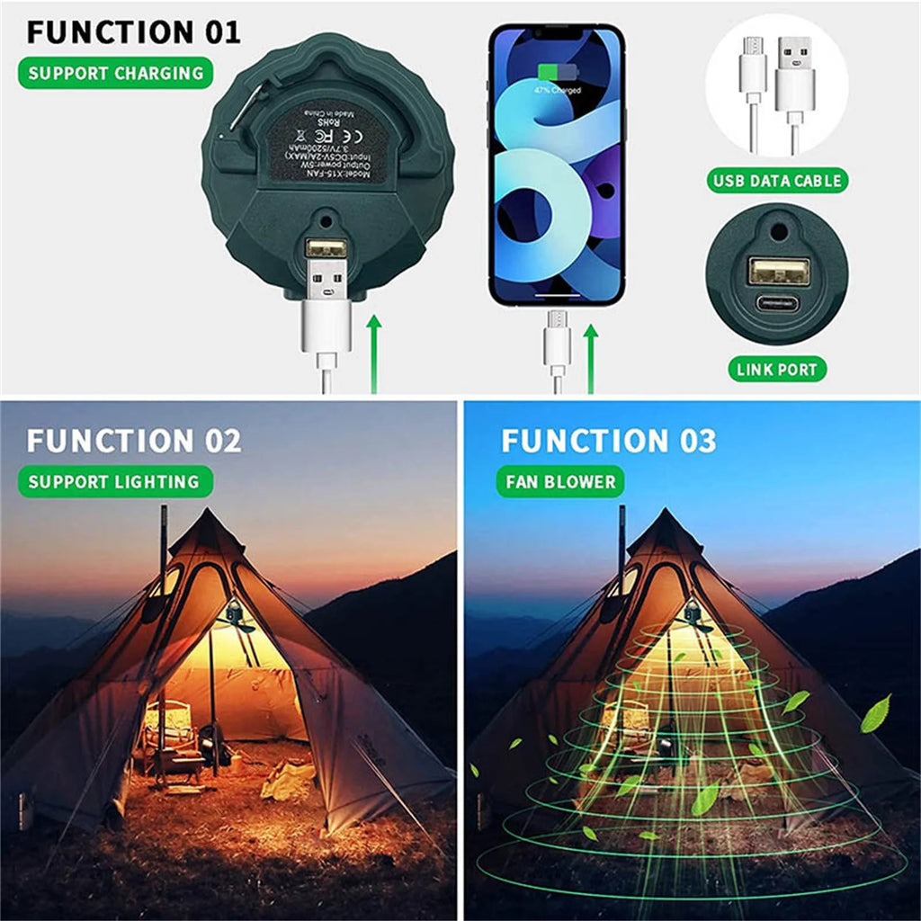 Rechargeable Camping Fan with LED Light and Hook 5200mAh Battery J632