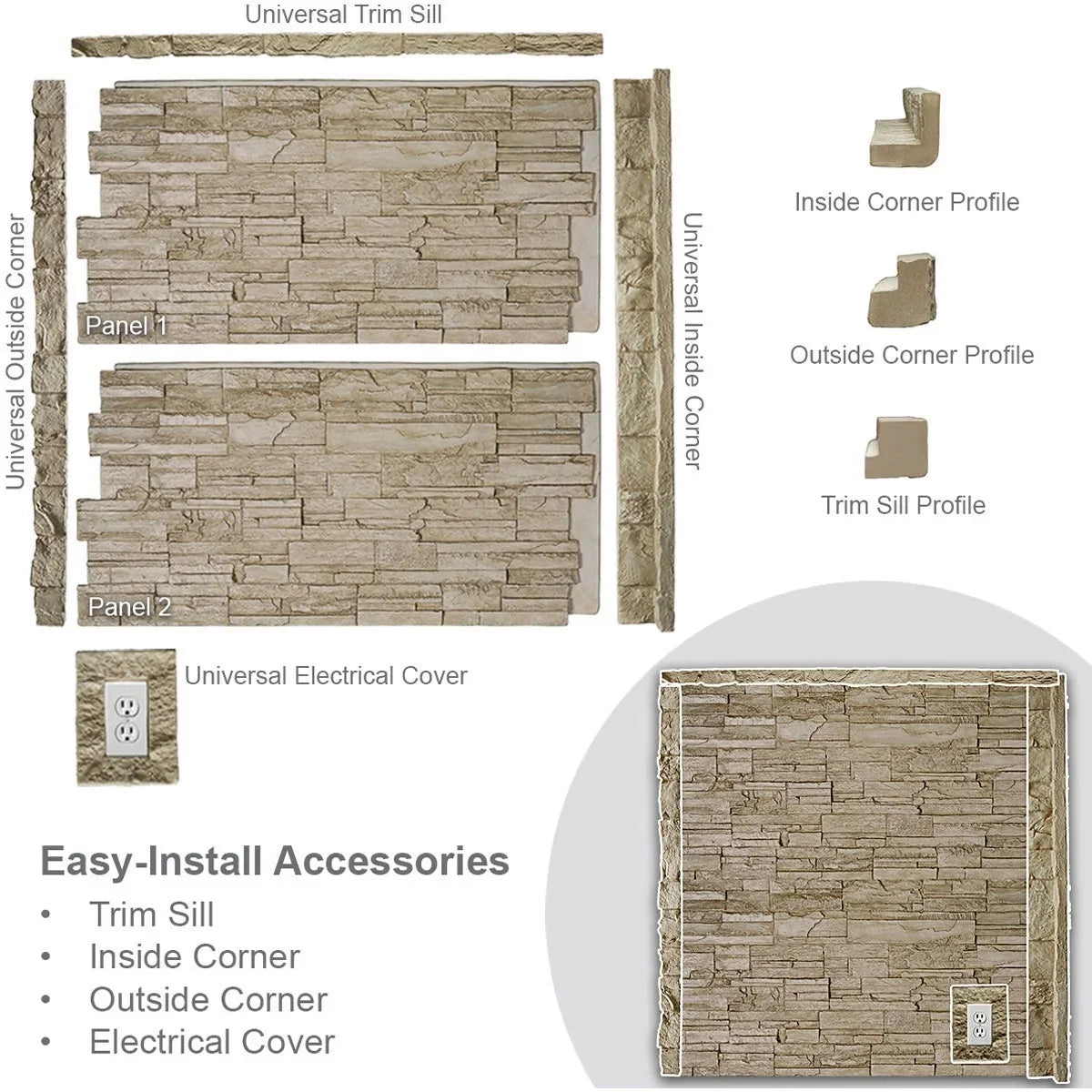 48 5/8"W x 24 3/4"H x 1 1/4"D Faux Stone Siding Panel Y34020