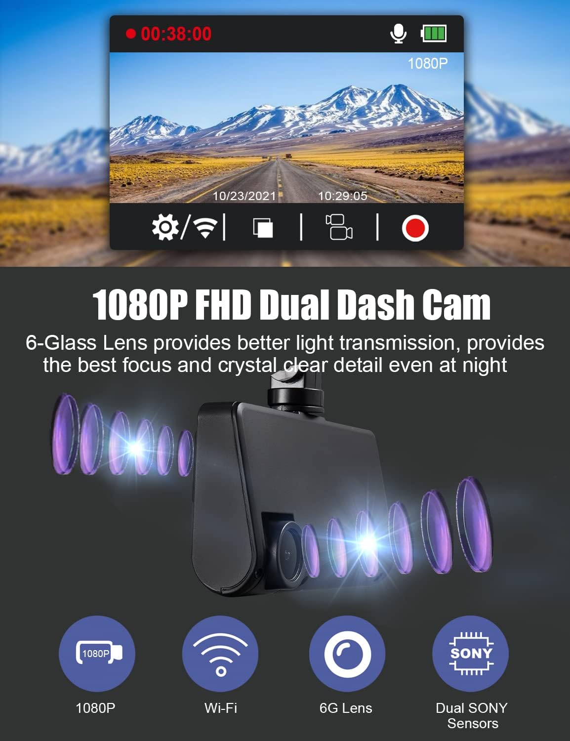 Dual Dash Cam Front and Inside 1080P Car Camera Built-in WiFi 3 Inch IPS Screen, 24H Parking Monitor, G-Sensor, Loop Recording, Support 128GB Max, Pack of 2 N437080