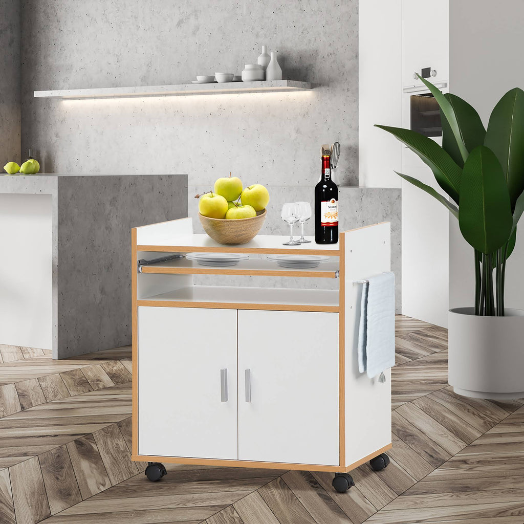 White Rolling Kitchen Trolley Microwave Cart Storage Cabinet with Removable Shelf H2954