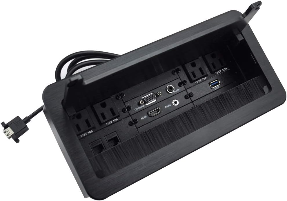 Silver Table Power Brush Connectivity Box with 4 AC Power, 2 RJ45, 2 Audio, 1 VGA, 1 HDMI, 1 USB 3.0, 5.58ft Power Cord D5796