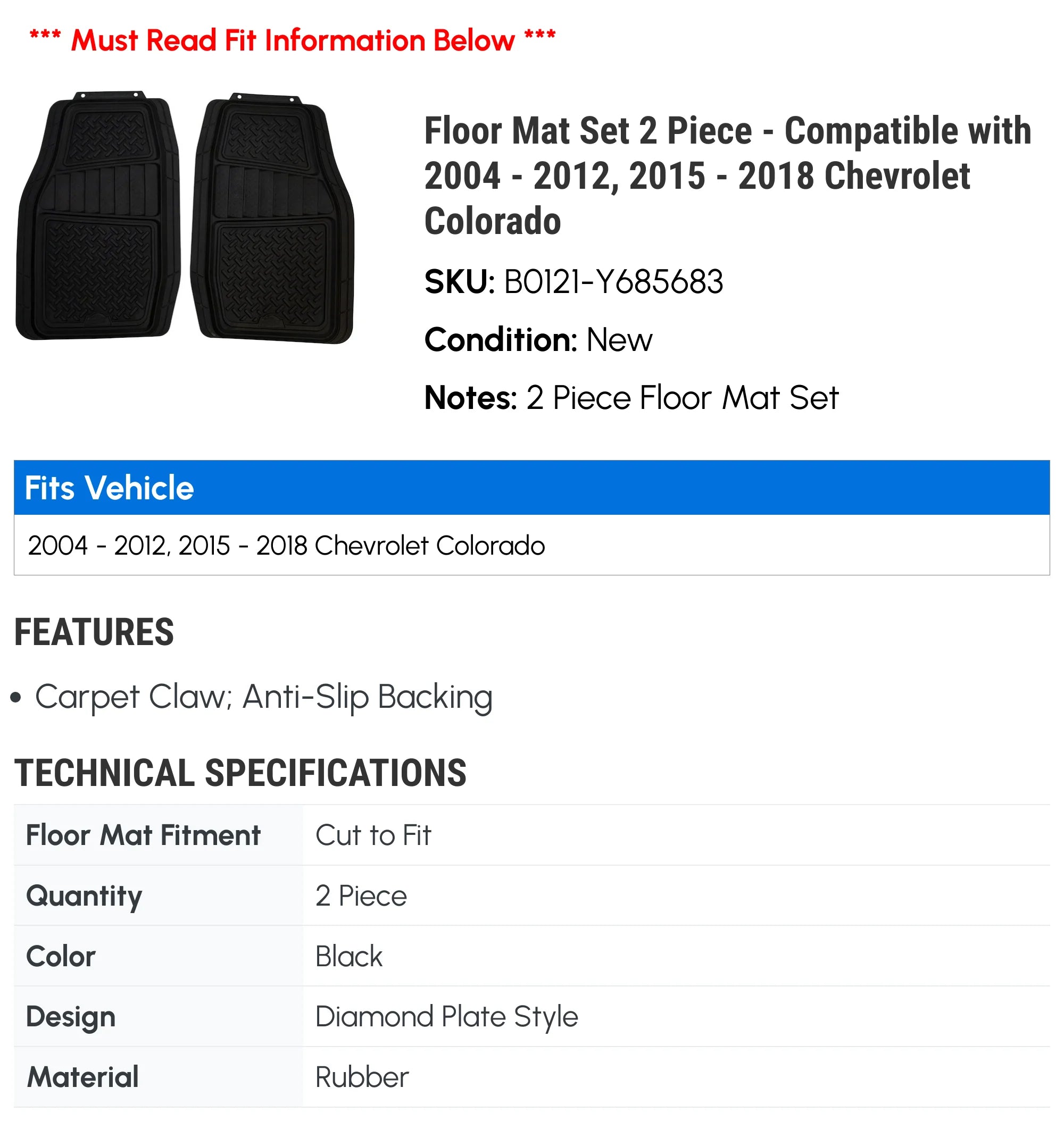 Floor Mat Set 2 Piece for Chevy Colorado R421