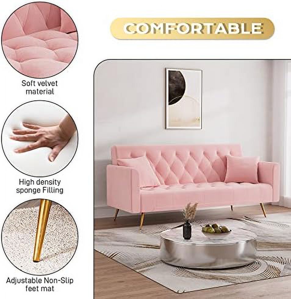 Blue Velvet Futon Sofa Bed with 2 Pillows L86805